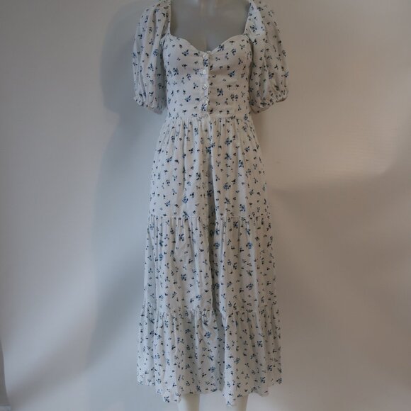 Rahi Dresses & Skirts - Womens RAHI White, Blue Floral Design Button Down Short Sleeve Midi Dress XS